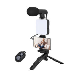 Amazon Basics 6-in-1 Vlogging Kit for All Phones | Tripod, LED Video Light, Cardioid Microphone, Phone Clip, Bluetooth Remote & Microphone Cable | Useful for Live Broadcasting, Video Calling