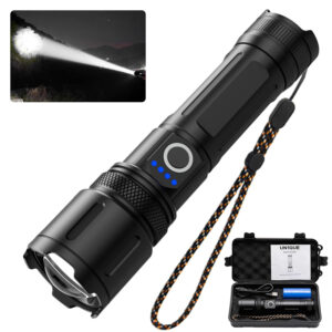 UN1QUE Rechargeable Torch Light High Power, 20000 Lumens Flashlight with 4 Light Modes, Adjustable Focus Torch Lights Rechargeable, IP45 Water-Resistant, Black