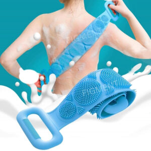 FIGMENT Silicone Body Back Scrubber - Blue Double Side Bathing Brush for Skin Deep Cleaning Massage | Dead Skin Removal Exfoliating Belt for Shower| Back Body Scruber